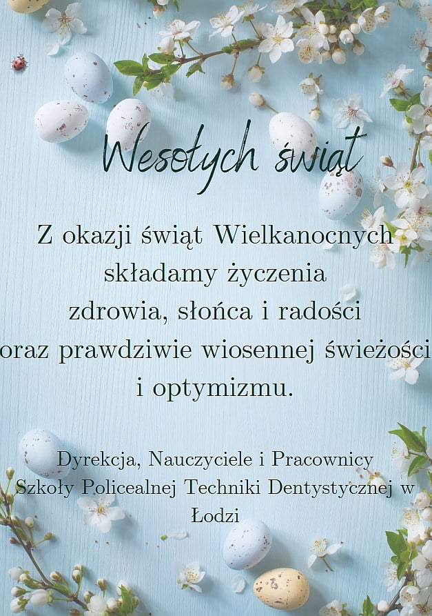 Kartka zawiera życzenia świąteczne podpisane przez dyrektora szkoły oraz pracowników" " Na kartce znajdują się palemki wielkanocne, kwiaty oraz młode zielone listki, malowane jajka, wszystko jest w pastelowych, błękitnych, wiosennych barwach